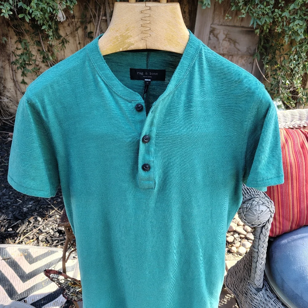 Rag And Bone Short Sleeve Green Henley - Picture 2 of 5